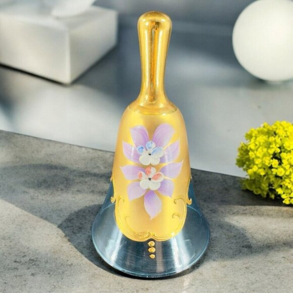 Vintage Venetian Murano Glass Bell Hand Painted Floral Textured Gold Accents VTG
